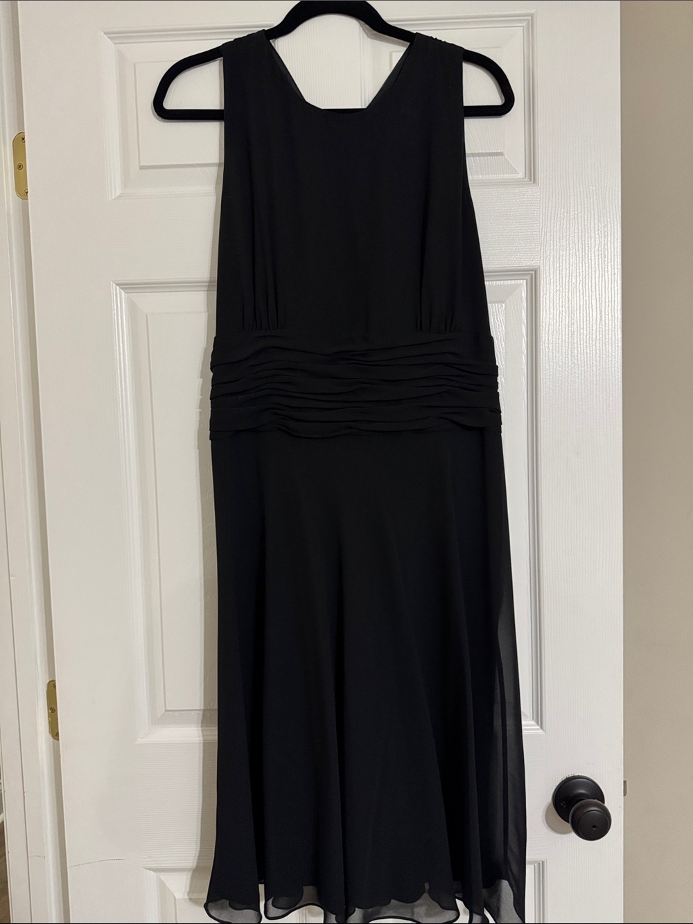 Donna Morgan Black Sleeveless Midi Dress with Ruched Waist and Gold and Jewels